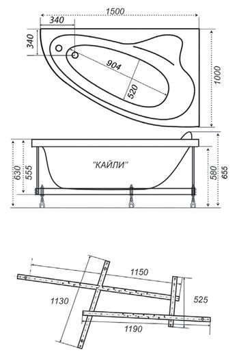 Схематический размер ванны «Кайли 150» левая