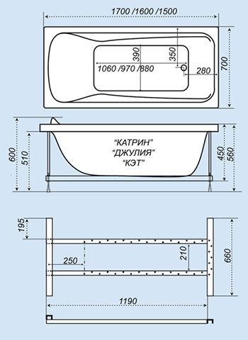 Схематический размер ванны «Кэт 150»