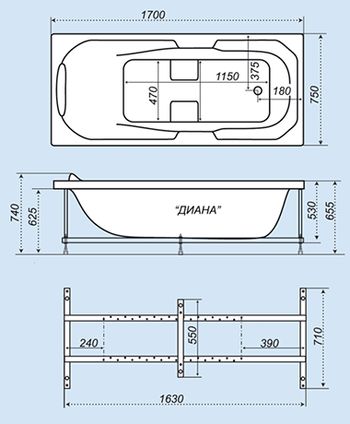 Схематический размер ванны «Диана 170»