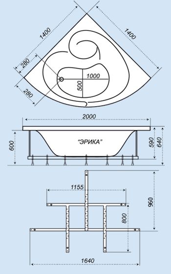 Схематический размер ванны «Эрика 140»