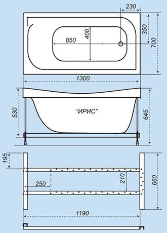 Схематический размер ванны «Ирис 130»