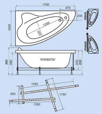 Схематический размер ванны «Изабель 170» левая