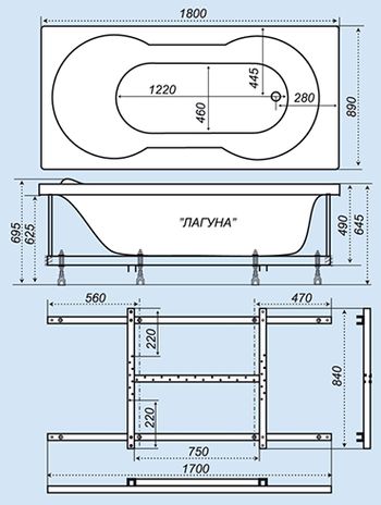 Схематический размер ванны «Лагуна 180»