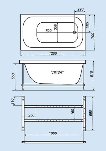 Схематический размер ванны «Лиза 120»