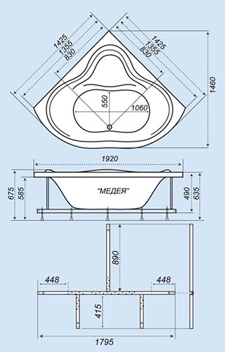 Схематический размер ванны «Медея 142»