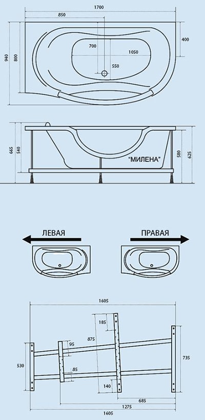 Схематический размер ванны «Милена 170» правая