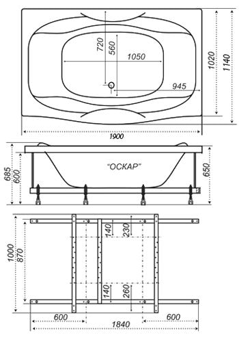Схематический размер ванны «Оскар 190»