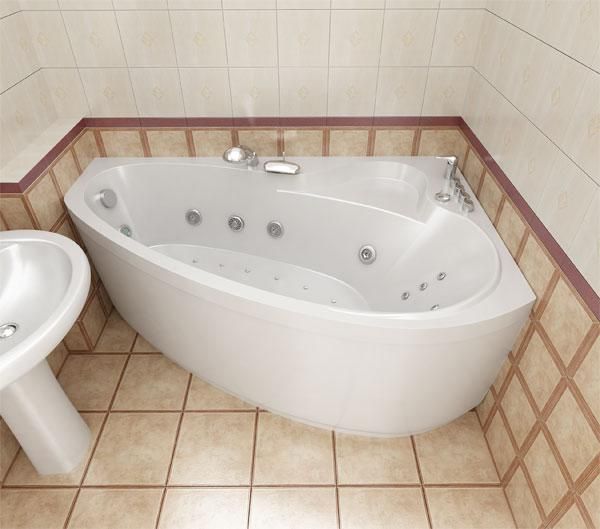 Ванна акриловая «Пеарл-Шелл 160» гидромассажная левая вид ванны в интерьере