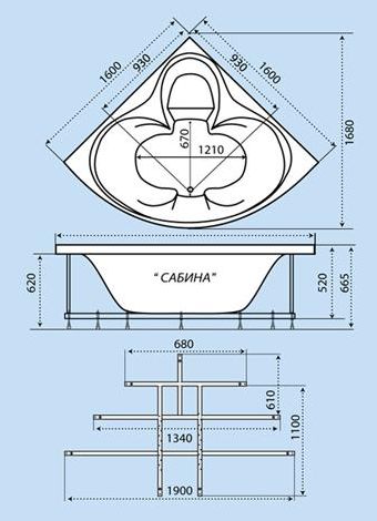 Схематический размер ванны «Сабина 160»