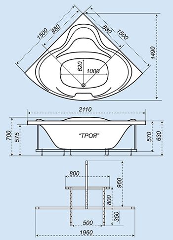 Схематический размер ванны «Троя 150»