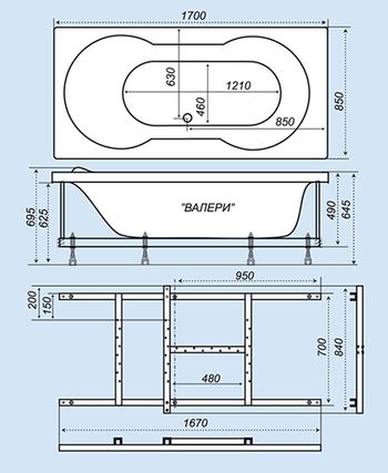 Схематический размер ванны «Валери 170»