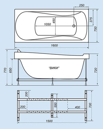 Схематический размер ванны «Вики 160»