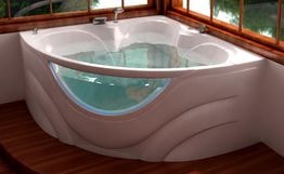 Ванна акриловая «Виктория 150» угловая гидромассажная вид ванны в интерьере
