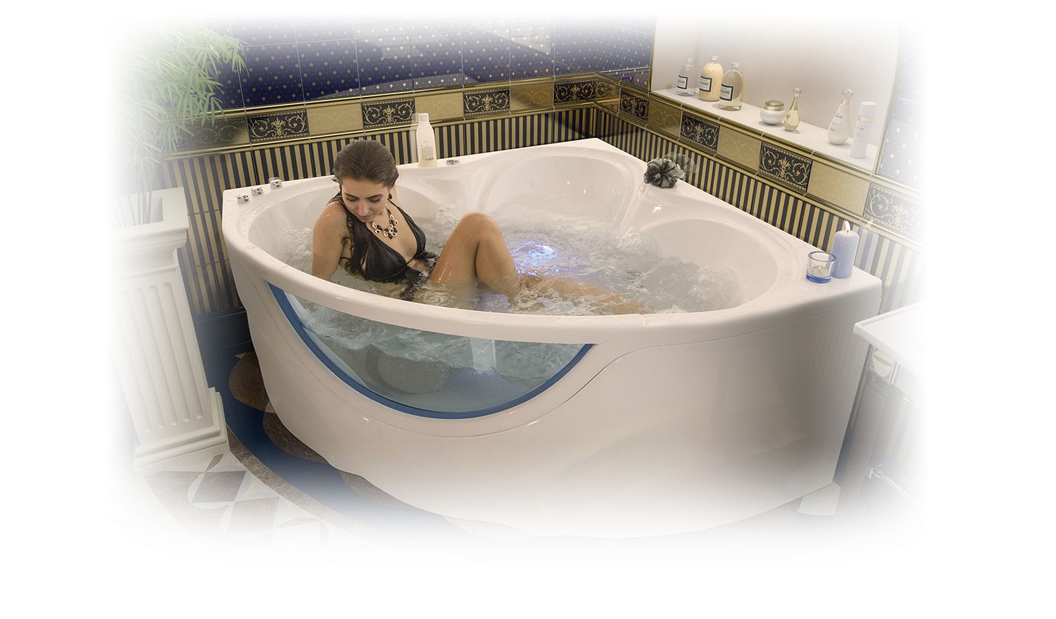 Ванна акриловая «Виктория 150» с видом девушки лежащей в ванне